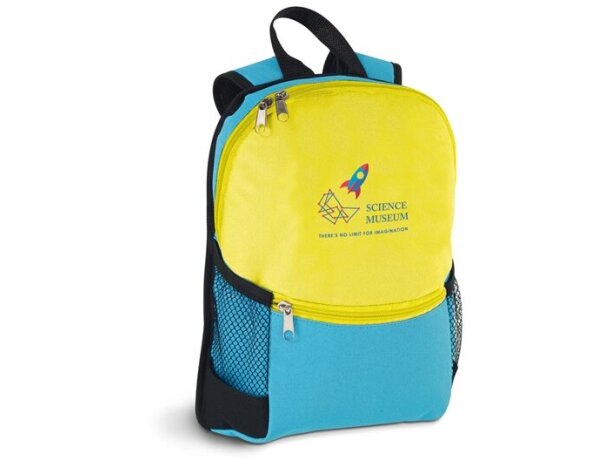 Mochila infantil personalizada Rocket bicolor con bolsillos de red azul claro