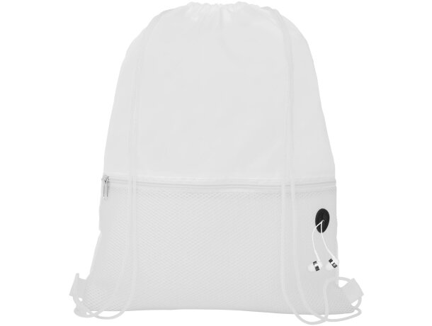 Mochila de cuerdas con logotipo para empresa original Oriole con malla y puerto auriculares Blanco detalle 19