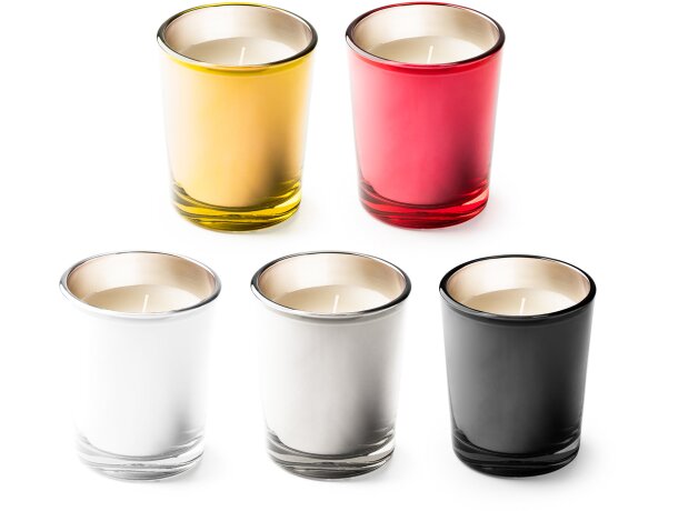 Velas corporativas Kimi aromáticas en vaso de cristal colores y fragancias Blanco detalle 1