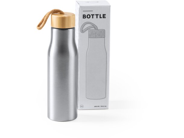 Botella de acero inoxidable personalizada Sotos grabada con tapón de bambú 600ml Plata detalle 2