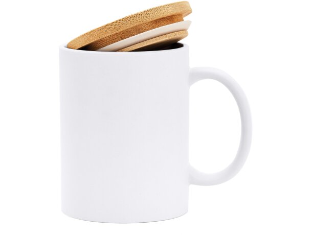 Tazas publicitarias baratas Berry eco cerámica mate tapa bambú 370ml Blanco detalle 6