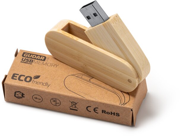 Memoria USB con protección de goma y resina logo Gudar bambu