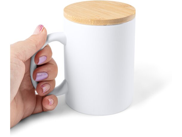 Tazas publicitarias baratas Berry eco cerámica mate tapa bambú 370ml Blanco detalle 2