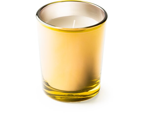 Velas corporativas Kimi aromáticas en vaso de cristal colores y fragancias Oro detalle 7