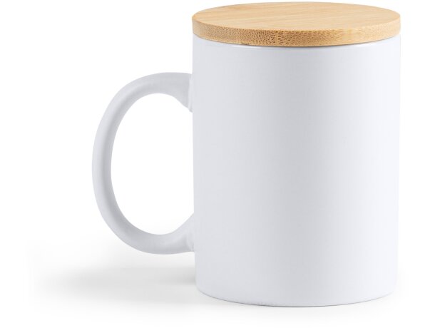 Tazas publicitarias baratas Berry eco cerámica mate tapa bambú 370ml Blanco detalle 4