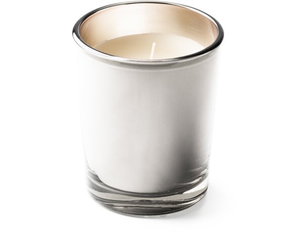 Velas corporativas Kimi aromáticas en vaso de cristal colores y fragancias Plata detalle 6