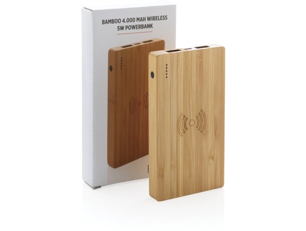 Powerbank bambú 4.000 mAh carga inalámbrica y por USB eco y sostenible Marron detalle 10