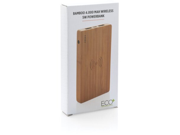 Powerbank bambú 4.000 mAh carga inalámbrica y por USB eco y sostenible Marron detalle 11