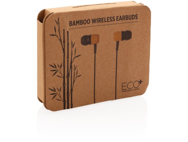 Auriculares promocionales inalámbricos bambú sostenibles con funda eco Marron/negro detalle 5