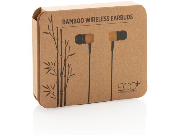 Auriculares promocionales inalámbricos bambú sostenibles con funda eco Marron/negro detalle 9