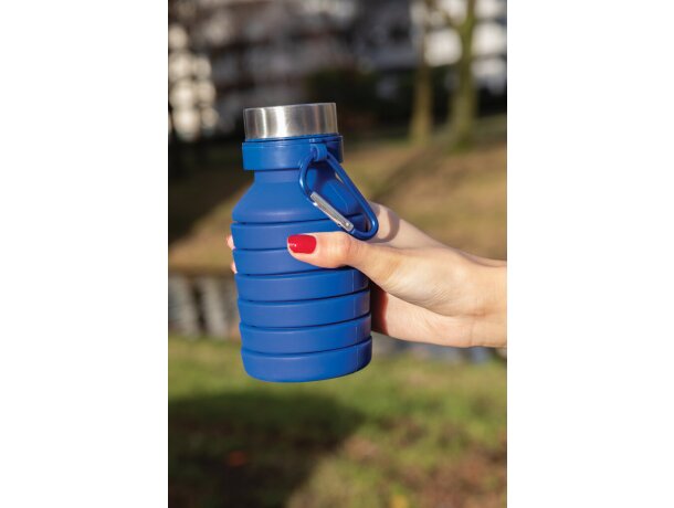 Botella de silicona plegable antigoteo con tapa personalizada azul