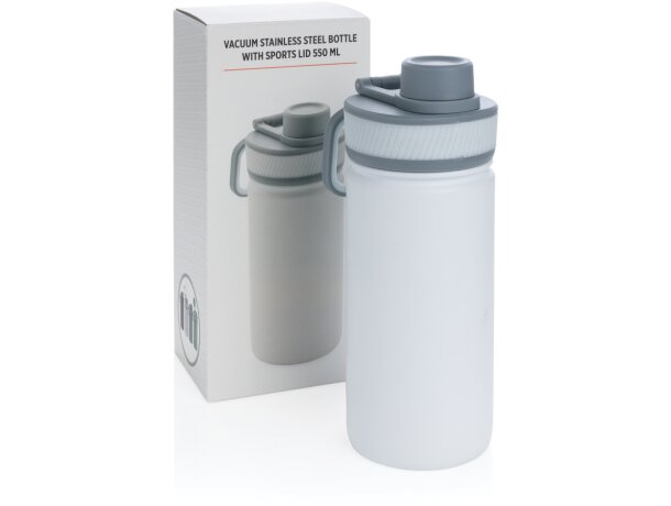 Botella de acero inoxidable al vacío con tapa deportiva 550m personalizada blanco/gris