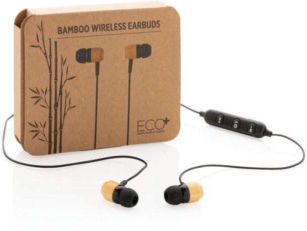 Auriculares promocionales inalámbricos bambú sostenibles con funda eco Marron/negro detalle 8