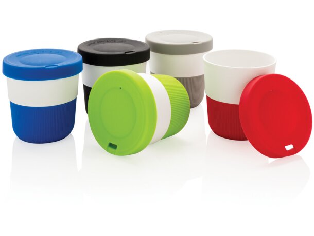 Tazas pla café 280ml sostenibles con agarre de silicona y tapa Verde detalle 33