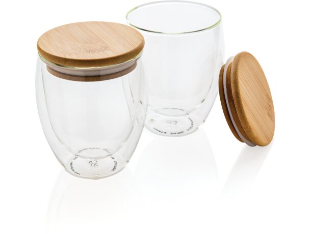 Vasos de cristal de borosilicato doble pared con tapa de bambú 250ml Transparente detalle 10