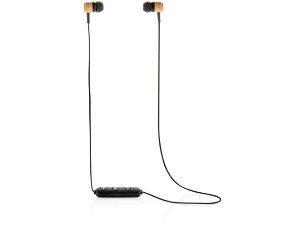 Auriculares promocionales inalámbricos bambú sostenibles con funda eco Marron/negro detalle 9