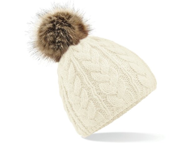 Fur Pom Pom Cable Beanie natural