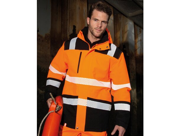 Chaquetas alta visibilidad impermeables con poliéster 200 g/m2 Naranja fluorescente/negro detalle 1