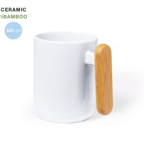 Tazas personalizadas Mystral baratas de cerámica blanca con asa de bambú 480ml