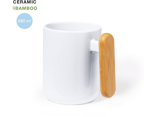 Tazas personalizadas Mystral baratas de cerámica blanca con asa de bambú 480ml detalle 1