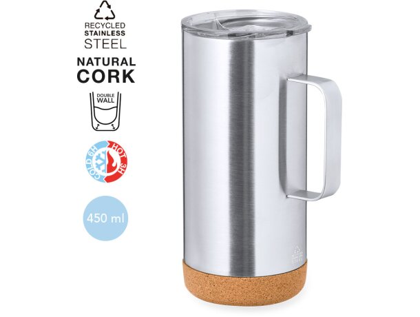 Tazas termicas Frilan de acero reciclado con tapa dosificadora y base corcho 450ml detalle 1