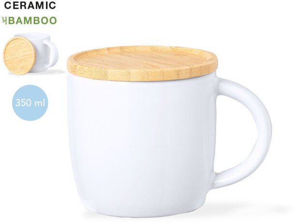 Tazas termicas con tapa de bambú  Zenara 350ml diseño cerámica elegante detalle 1