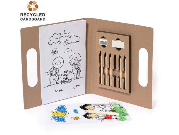 Lápices de colores set Clumber en carpeta reciclada con dibujos y sacapuntas detalle 1