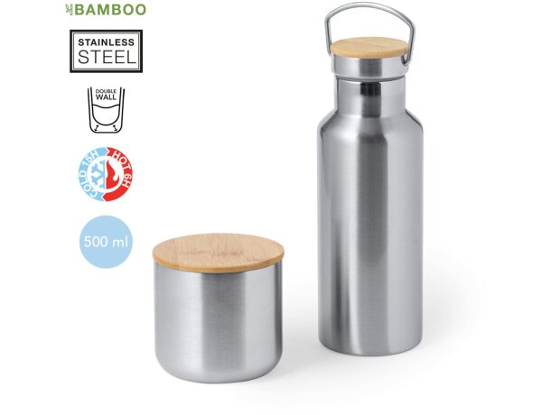 Botellas de acero inoxidable Set Debris con vaso térmico y tapa bambú 500ml detalle 1