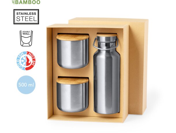 Botellas térmicas Dickinson set bidón 500ml y vasos acero inox bambú detalle 1